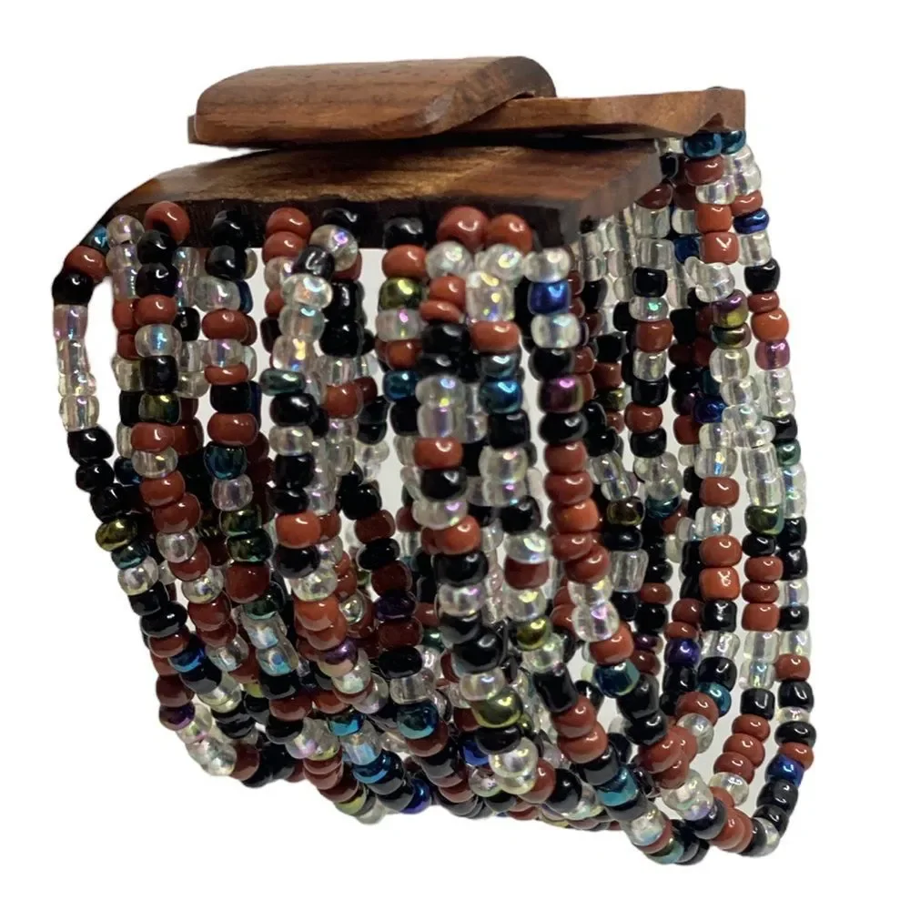 Multi Seed Bead Layered Necklace Wooden Buckle‎ Stretchy Bracelet